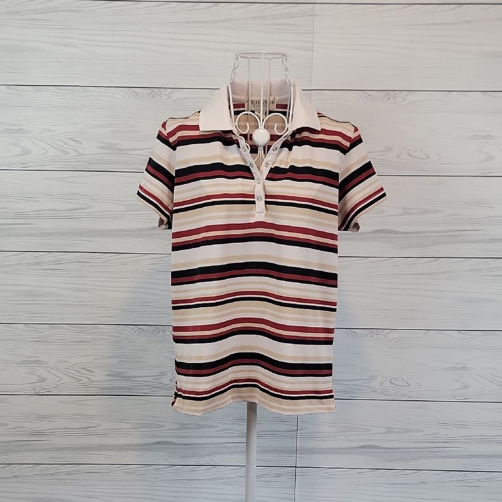 Tehama Striped Short Sleeve Polo Top in Cream, Black & Burgundy Womens Size M